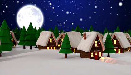 Winter Village Scene with Snow-Covered Cabins, Pine Trees, and a Full Moon