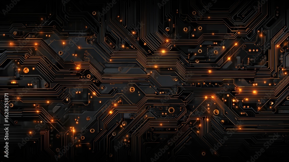 Poster glowing orange lines and nodes trace through a dark, textured circuit board design, evoking themes o