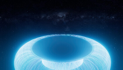 Surreal 3D eye rising over cosmic horizon