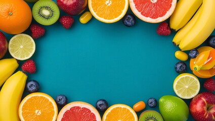 Vibrant Flatlay: Colorful Fruit Border on Teal Background with Copy Space for Healthy Eating or Vitamin Advertisement.