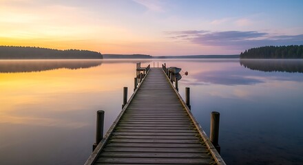 Serene Lake Sunrise with Wooden Pier and Calm Water Reflection