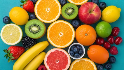 Vibrant Flatlay of Fresh Citrus Fruits, Berries, and Bananas on Teal Background.