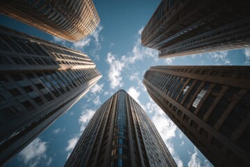 Skyscrapers rising towards a partly cloudy sky