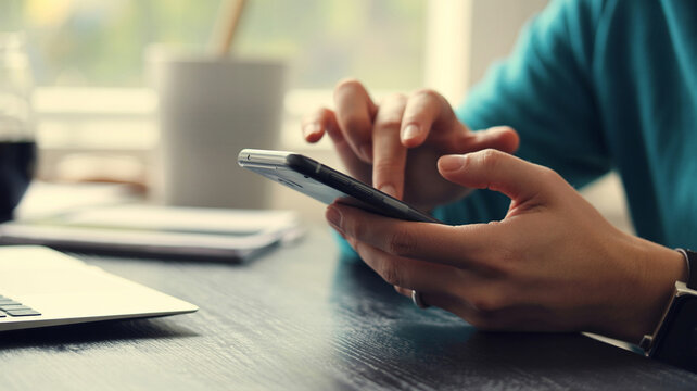 A businesswoman uses her mobile phone while working on a laptop at the office table, surfing the internet and searching for information on her smartphone.
Man using tablet computer and phone - Powered by Adobe