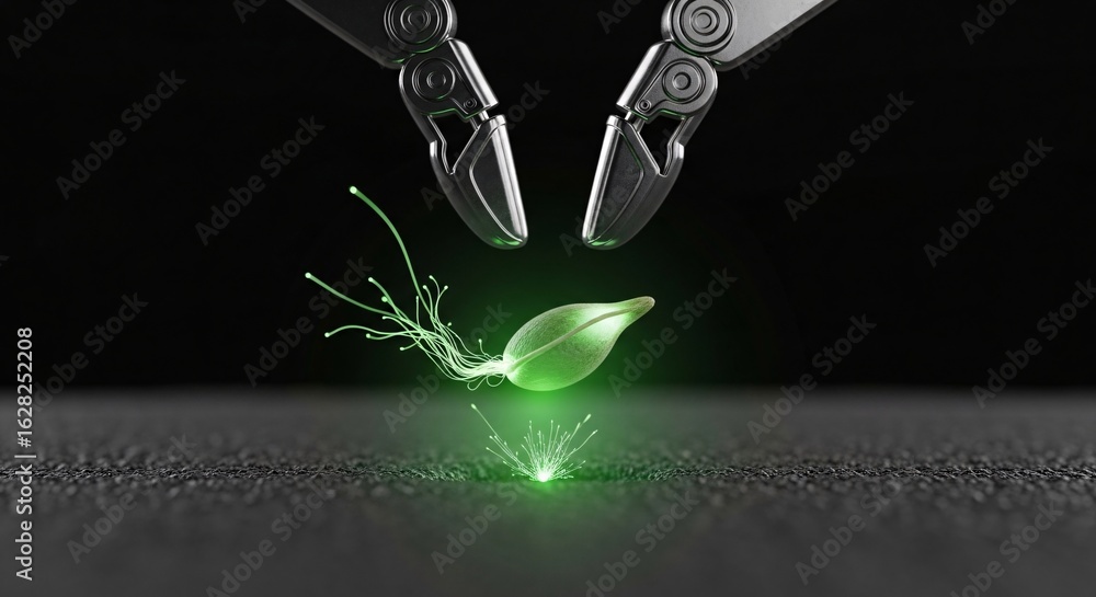 Poster robotic arm interacting with a glowing futuristic seed in a dark laboratory setting, representing bi