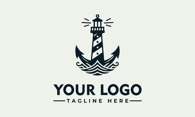 A nautical logo featuring a lighthouse, anchor, and waves, with text below.