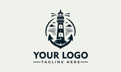 Lighthouse illustration encircled by an anchor, with waves, clouds, and light beams. Space for logo and tagline. © nuaari