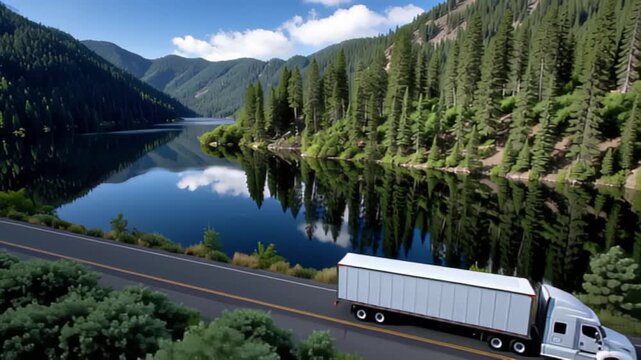 A truck travels along a scenic road by a lake, surrounded by lush forests and mountains under a clear blue sky.