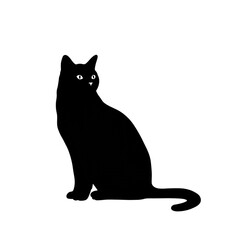 Obraz premium A simple graphic illustration of a a black cat silhouette. The feline is sitting gracefully, isolated on a plain white background.