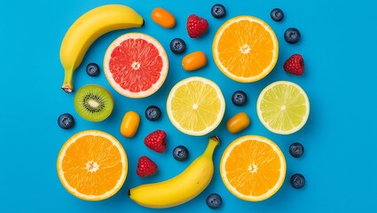 Vibrant Summer Fruit Flatlay:  Oranges, Bananas, Berries, and Citrus Slices on Blue Background