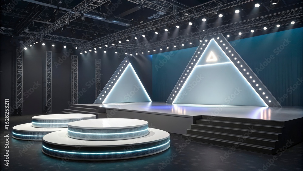 Poster a stage with two triangular backdrops and round platforms lit by spotlights in a dark room