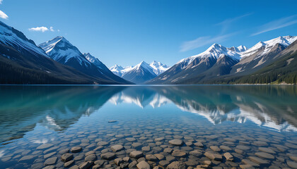 A pristine, clear lake with calm water reflecting snow-capped mountains and a bright blue sky, conveying serenity and natural beauty. 4K HD image.