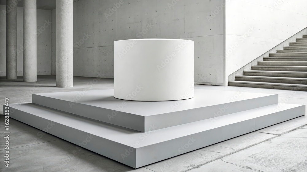 Poster white cylinder on a two tiered platform with stairs and columns in a minimalist setting