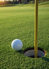 A golf ball resting on a lush green putting green, just inches from the hole, which has a yellow flagstick.