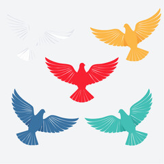 Obraz premium A vibrant collection of stylized dove illustrations in flight. Colorful bird icons symbolizing peace, freedom, and hope.