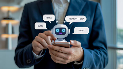 Person using smartphone with animated chatbot and speech bubbles artificial intelligence robot