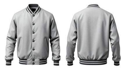 Grey baseball bomber varsity jacket in front and back view, mockup isolated on transparent background