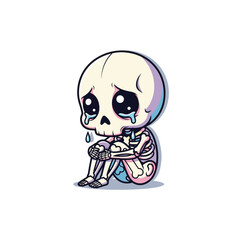 A teary-eyed skeleton sits hugging its knees, looking heartbroken. Watercolor style with soft pastels and gentle shading, set against a clean white background.