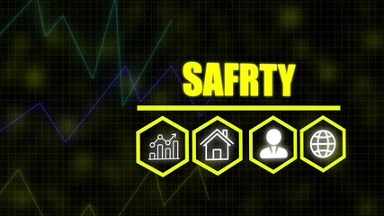 A Health and Safety business concept on a flashing computer monitor with moving graphs and data. Abstract data graph for business success. Business profit income and capital charts and graphs diagram.