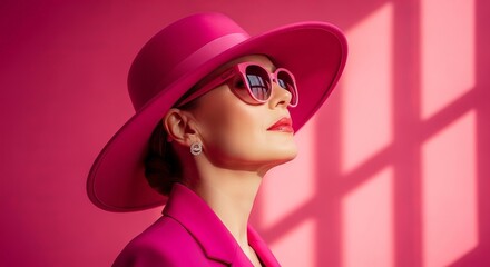 Elegant woman looks up, wearing a pink suit, hat, and sunglasses against a pink backdrop.