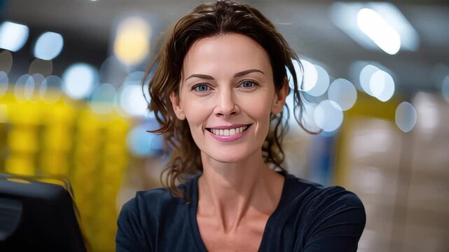 A woman with brown hair smiles cheerfully, seated at a desk in a bright, busy environment filled with yellow objects.