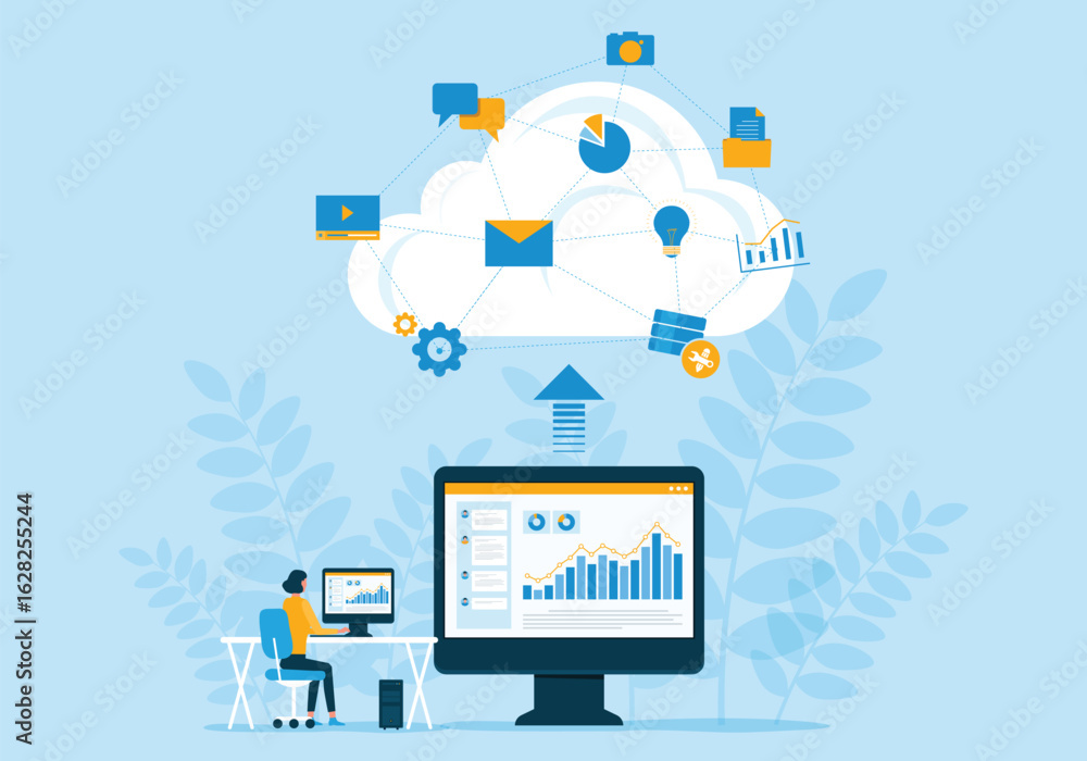 Poster business technology storage cloud computing connect service concept with administrator and developer