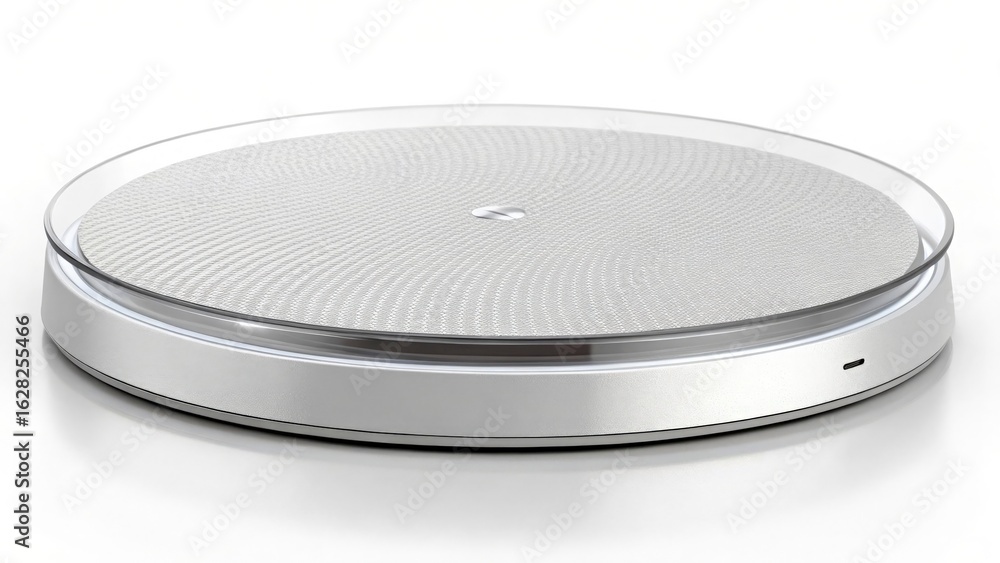 Poster a close up of a white rotating display platform with a transparent edge on a white background
