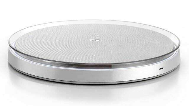 A close up of a white rotating display platform with a transparent edge on a white background