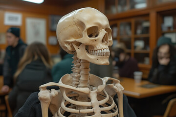 Skeleton in classroom amidst desks, with a teacher's pointer pointing at a blackboard covered in equations.