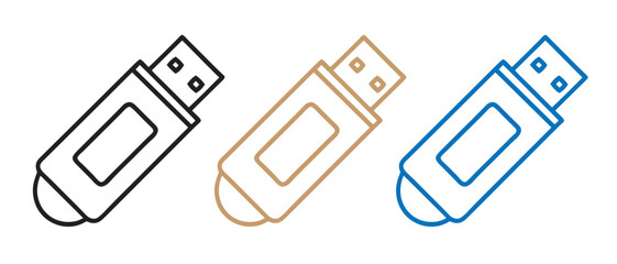 USB Flash Drive Icon Set. Black, Brown & Blue Line Drawings with Rounded Caps.