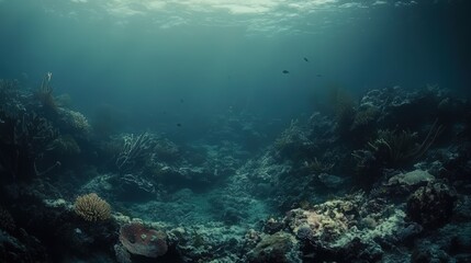 Obraz premium Tranquil Underwater Scene Featuring Vibrant Coral Reefs and Shadows in Deep Blue Ocean Waters Illuminated by Sunlight Filtering Through Surface