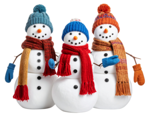 Cute Snowman Family Trio with Winter Accessories and Smiling Faces, Front View, isolated on transparent background PNG