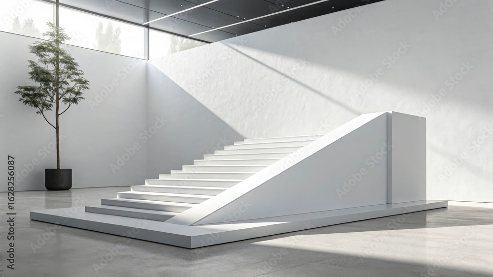 Poster a minimalist white staircase with a tree in a pot in a modern architectural setting with natural lig