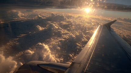 Obraz premium Golden Sunrise Above the Clouds from Airplane Window