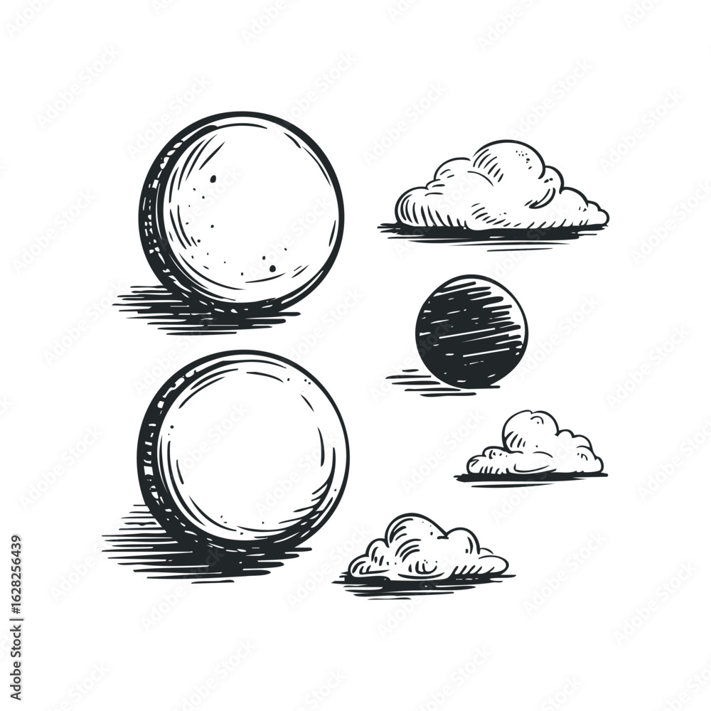 Canvas Prints spheres and clouds hand drawn in black and white etching style