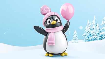 3D penguin character with small scarf and balloon, bright and friendly pose, smooth cartoon-style shading, clean minimal backdrop