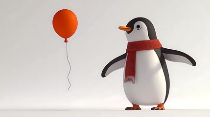 3D penguin character with small scarf and balloon, bright and friendly pose, smooth cartoon-style shading, clean minimal backdrop