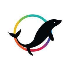Silhouette Dolphin Jumping Through Rainbow Circle Logo animal ocean
