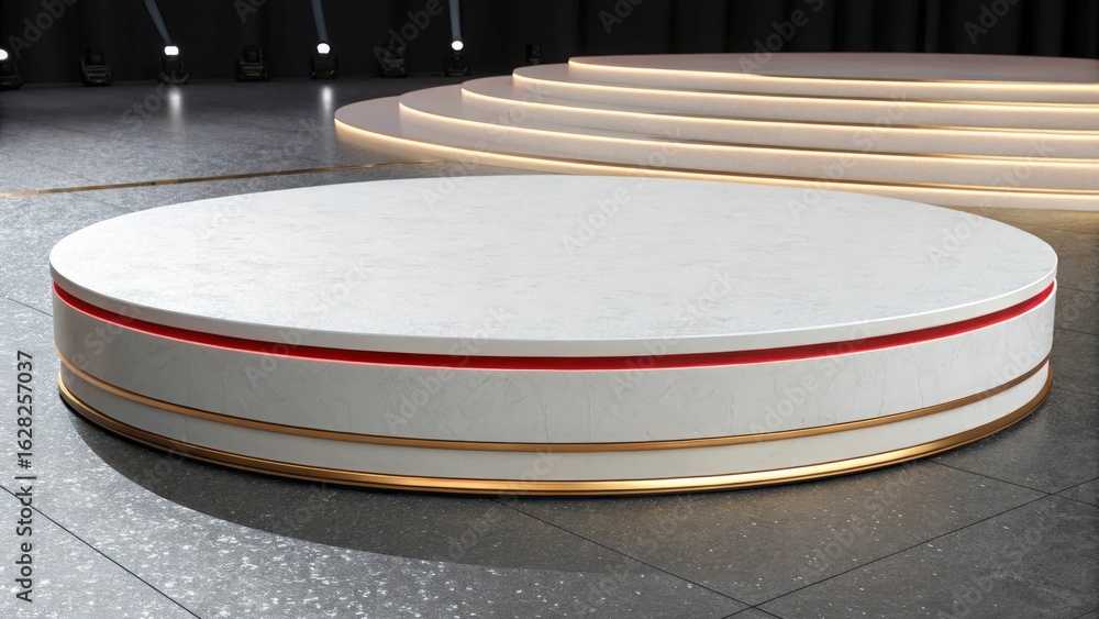 Poster a view of a white round platform with red and gold accents in a studio setting with stage lighting