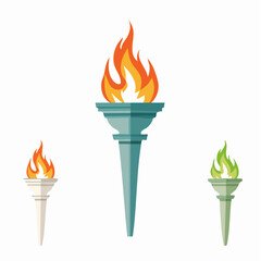 Vector set of stylized torches with burning flames, including classic fire and a green magical variant. A symbol of victory and competition.