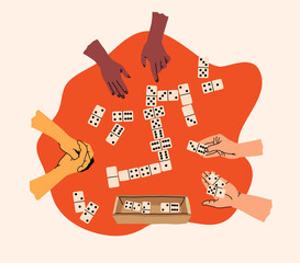 Creative board game hobbies. Human arms actively playing a tabletop game. Game elements like dice, cards, and pawns. Fun social activity. Vector illustration