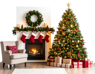  Cozy Christmas Eve Living Room Scene with Decorated Tree and Fireplace, isolated on transparent background PNG
