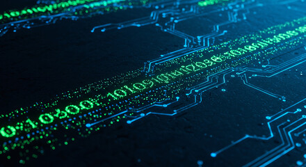 High-tech binary data stream with glowing numbers and circuit lines