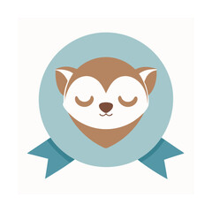 Sleeping fox face in light blue circular emblem with ribbon on white background animal