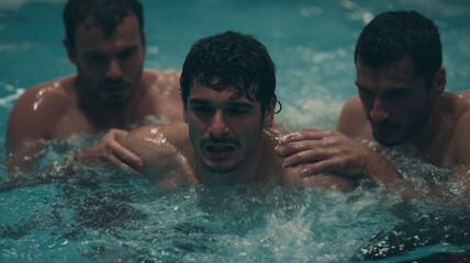 A scared and fearful Spanish man in his 30s stands outside the water in a swimming pool. Next to him, two strapping Spanish men are dragging him toward the pool, holding his arm.