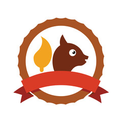 Squirrel with orange leaf in a circular emblem with red ribbon rodent animal