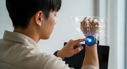 Man using smartwatch for healthcare data analysis and monitoring health with wearable technology