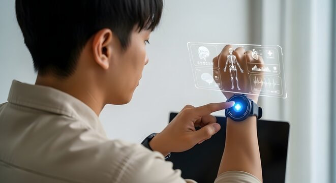 Man using smartwatch for healthcare data analysis and monitoring health with wearable technology