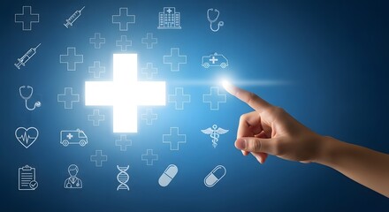 Medical healthcare concept with hand touching digital screen interface and health icons set
