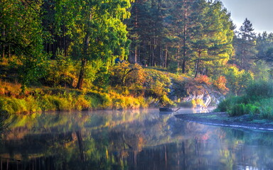 beautiful landscapes of the upper reaches of the Beloe River in the Southern Urals on an autumn morning